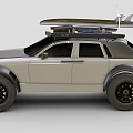 Silver Off Road Style Car with Surfboard Red Light on Roof and Front Grille Design