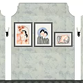 Three Framed Wall Artworks On Patterned Wallpaper With Wall Sconces Interior Decor