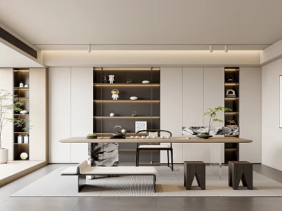Serene Modern Tea Room Interior With Wooden Furniture Tea Sets And Green Plants 3d model