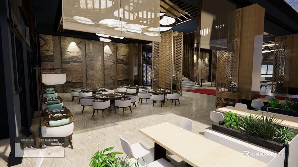 Elegant Banquet Hall Interior With Round Dining Tables White Chairs And Decorative Walls 3d model 