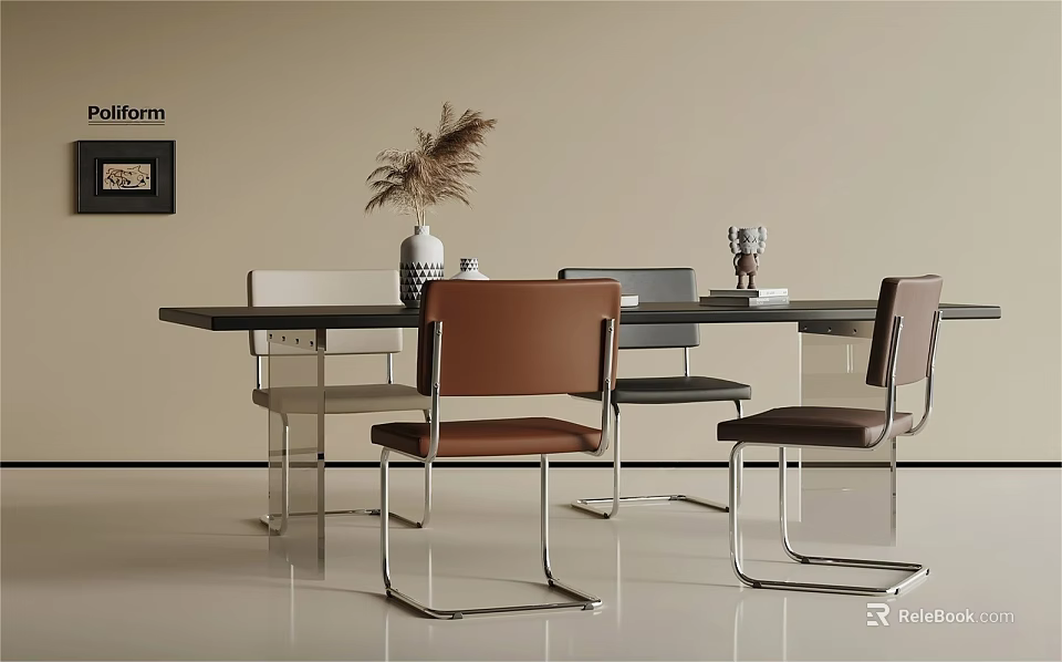 Modern Dining Table Set With Brown And White Chairs Metal Legs And Rectangular Design 3d model 