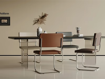 Modern Dining Table Set With Brown And White Chairs Metal Legs And Rectangular Design 3d model
