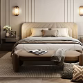 Elegant Bedroom Interior With Upholstered Headboard Pillows Bench Blanket Magazines Nightstands Vase And Wall Sconces