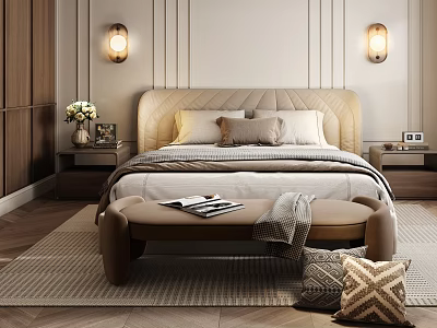 Elegant Bedroom Interior With Upholstered Headboard Pillows Bench Blanket Magazines Nightstands Vase And Wall Sconces 3d model