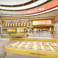 Elegant Modern Bright Dessert Shop With Yellow Orange Counter Display Shelves And Sign