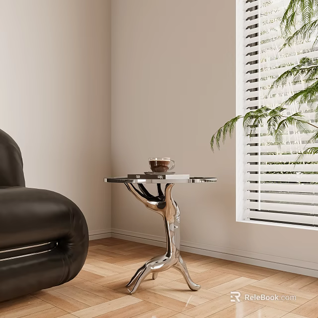 Modern Side Table With Metal Frame Glass Top Beside Black Leather Sofa On Wooden Floor Near Window With Green Plant 3d model 
