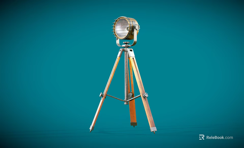 Vintage Metallic Tripod Mounted Searchlight With Reflector And Adjustable Legs On Teal Background 3d model 