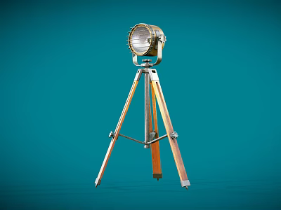 Vintage Metallic Tripod Mounted Searchlight With Reflector And Adjustable Legs On Teal Background 3d model