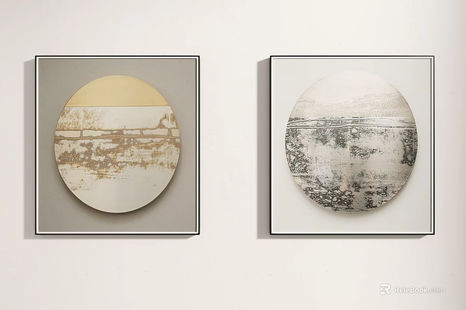 Two Circular Decorative Paintings With Abstract Landscape Designs In Black Frames On White Wall 3d model