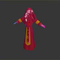 Traditional Red Robed Character With Yellow Floral Patterns On Gray Background