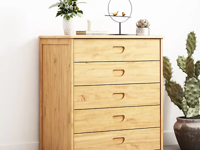 Natural Wooden Chest of Drawers Against White Wall with Potted Plants and Ornaments 3d model