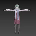Woman in pink dress with green hair purple scarf arms outstretched against dark purple background