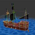 Wooden Pirate Ship With Black Sails And Skull Flag Sailing On Blue Water