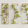 Elegant Wall Decor with Golden Frame Green Branches and Yellow Lantern 3d model