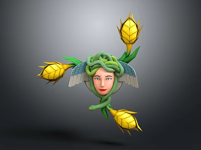 Mythical Character With Serpent Hair Wings Green Vines And Yellow Floral Buds 3D Design 3d model