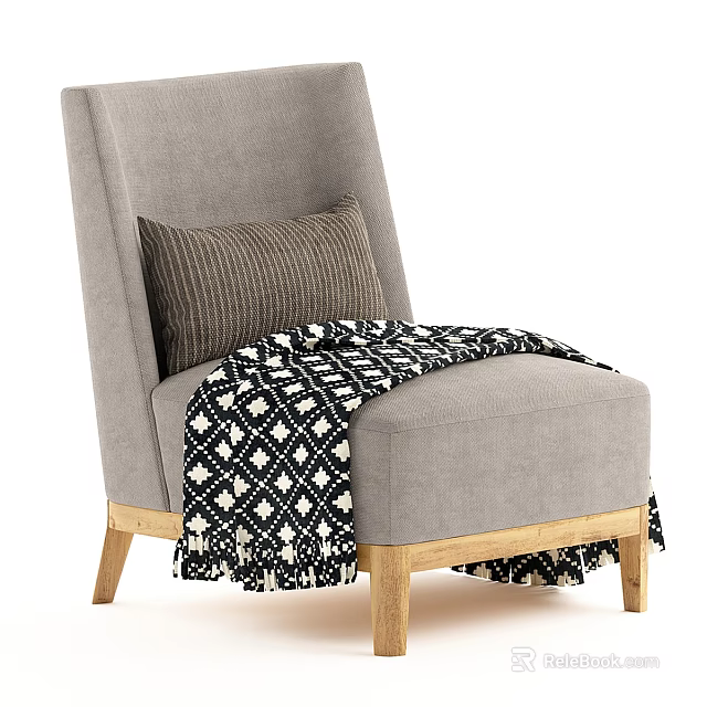 Gray Accent Chair With Striped Pillow Black White Diamond Throw Blanket Wooden Legs 3d model 