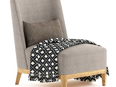 Gray Accent Chair With Striped Pillow Black White Diamond Throw Blanket Wooden Legs 3d model