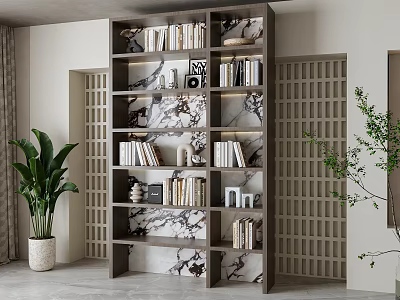 Modern Bookshelf Interior With Open Shelves Marble Backdrop Books And Green Plants 3d model