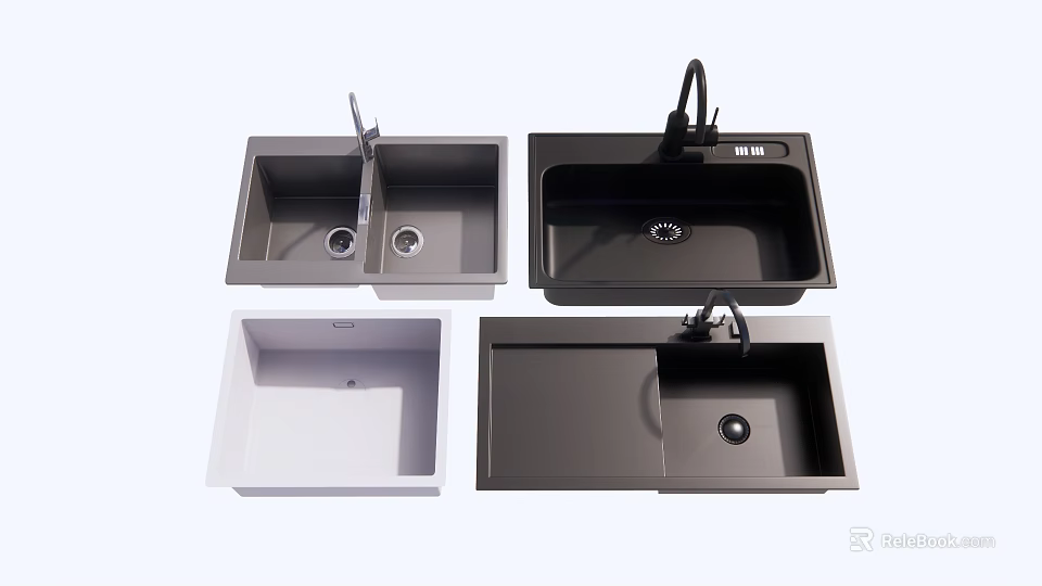 Various Modern Kitchen Sinks In Gray And White With Faucet Designs 3d model 