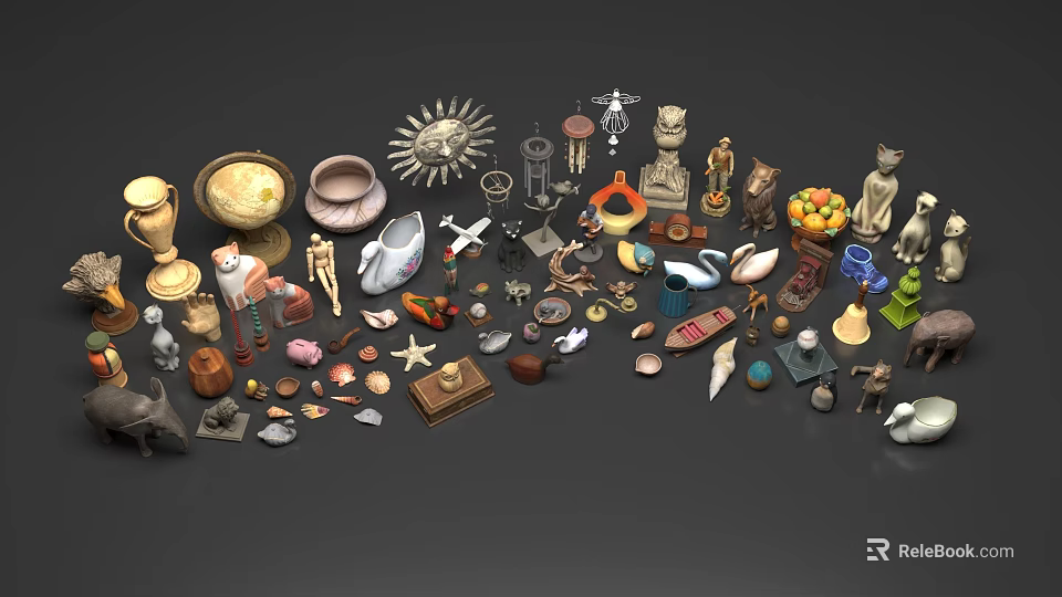 Art Installation Featuring Various Small Decorative Pieces With Different Materials And Ornaments 3d model 