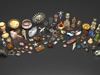 Art Installation Featuring Various Small Decorative Pieces With Different Materials And Ornaments 3d model