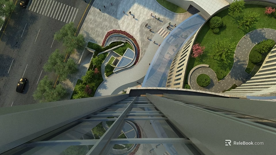 Modern Glass Curtain Wall Building Facade With Landscaped Plaza And Circular Garden 3d model 