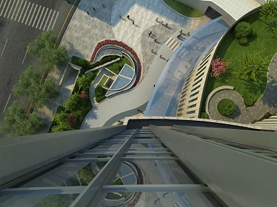 Modern Glass Curtain Wall Building Facade With Landscaped Plaza And Circular Garden 3d model