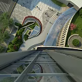Modern Glass Curtain Wall Building Facade With Landscaped Plaza And Circular Garden
