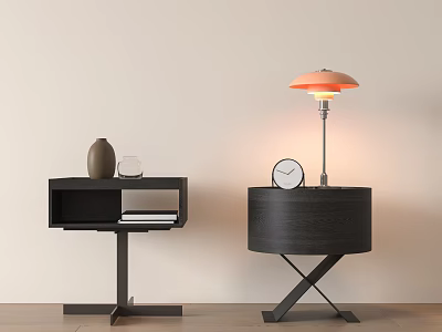 Modern Black Bedside Tables with Open Shelf Lamp Clock and Cross Legs 3d model