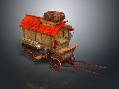 Vintage Mobile Cart With Red Roof Wooden Barrels Wheels And Decorative Details 3d model