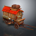 Vintage Mobile Cart With Red Roof Wooden Barrels Wheels And Decorative Details