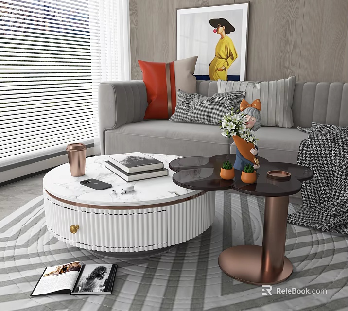 Round Marble Coffee Table With Striped White Base And Books Plants In Modern Living Room 3d model 