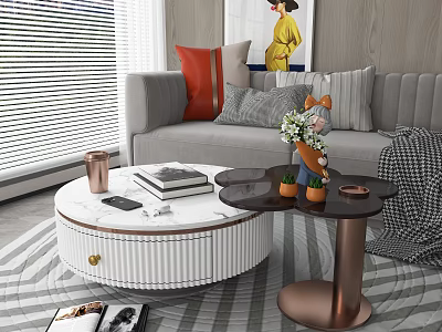 Round Marble Coffee Table With Striped White Base And Books Plants In Modern Living Room 3d model