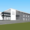 Modern Office Building With White Exterior And Square Windows Adjacent To Parking Lot And Lawn
