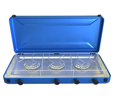 Blue Gas Stove With Three Silver Burners And Black Control Knobs 3d model