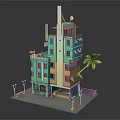 Colorful Multi Story Building Model With Teal Beige Exterior Balconies And Palm Tree