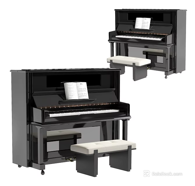 Classic Black Upright Piano With White Cushioned Bench And Open Music Sheet For Musical Instruments 3d model 