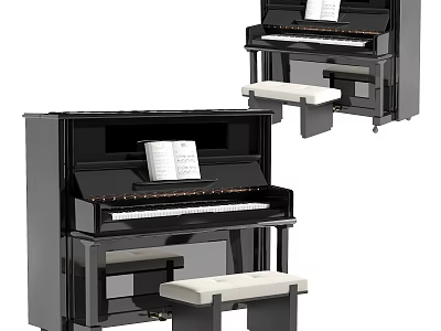 Classic Black Upright Piano With White Cushioned Bench And Open Music Sheet For Musical Instruments 3d model