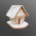 Cartoon Gingerbread House With White Frosting Roof And Snowflake Decorations On Wooden Base
