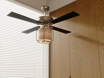 Modern Ceiling Fan Light With Black Blades Wooden Cabinets And Window Blinds In Room 3d model