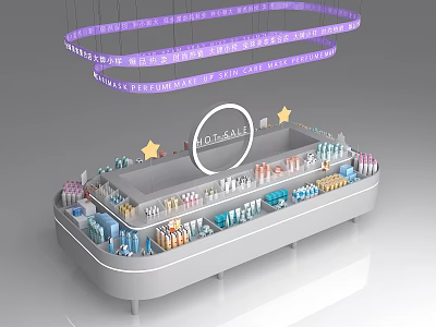 Retail Display Shelf With Cosmetic Products Purple LED Strip Lights And NOELLA Logo 3d model