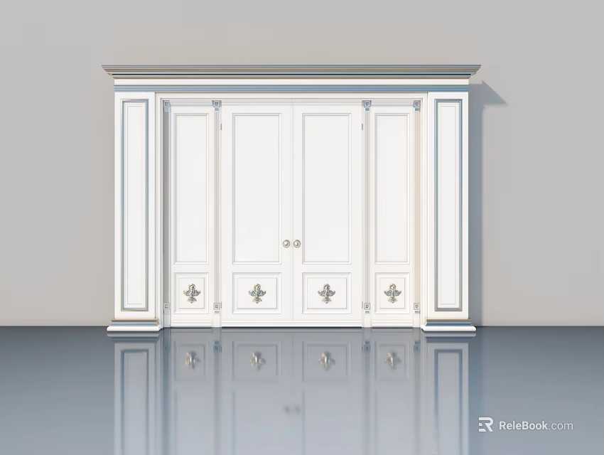 White Hinged Doors With Decorative Panels And Classic Interior Door Frame 3d model