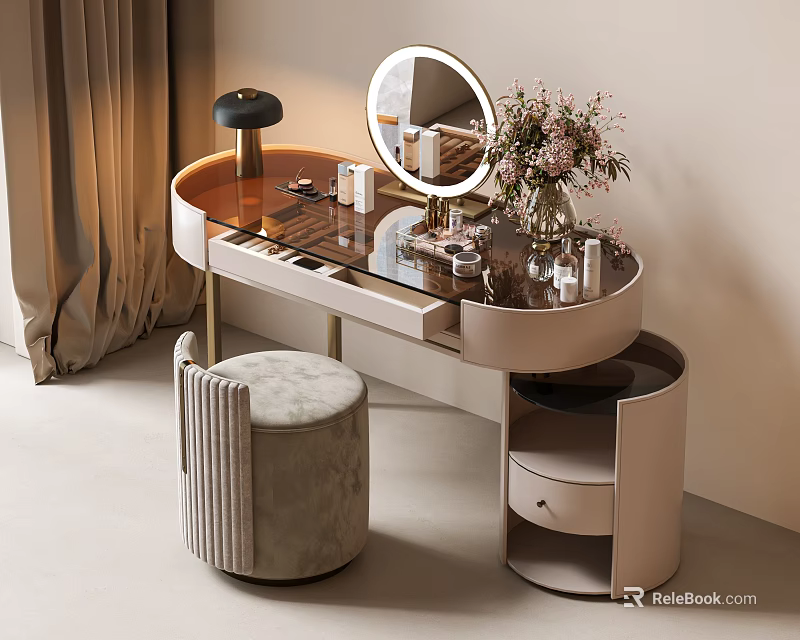 Elegant Modern Dressing Table With Round Mirror Velvet Stool And Flower Vase Storage Drawers 3d model 