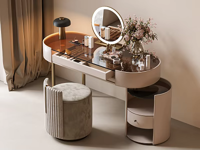 Elegant Modern Dressing Table With Round Mirror Velvet Stool And Flower Vase Storage Drawers 3d model