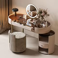Elegant Modern Dressing Table With Round Mirror Velvet Stool And Flower Vase Storage Drawers