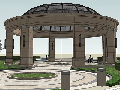 Circular Pavilion With Dome Roof Stone Columns And Green Lawn Area 3d model
