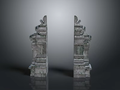 Ancient Symmetrical Stone Carved Pillars With Ornate Sculptures And Intricate Designs 3d model