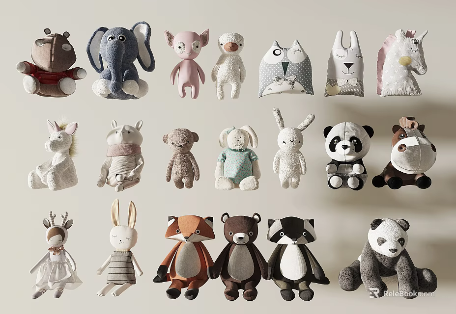 Cute Soft Plush Stuffed Animal Toys Elephant Rabbit Panda Fox Unicorn Designs 3d model 