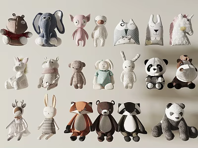 Cute Soft Plush Stuffed Animal Toys Elephant Rabbit Panda Fox Unicorn Designs 3d model