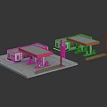 Gas Station Building Model With Red Canopy Fuel Pumps And Signage Posts
